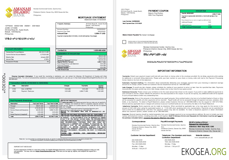 Philippines Al , Relevé hypothécaire de la banque islamique d'investissement Amanah aux formats Word et PDF 1 , 2